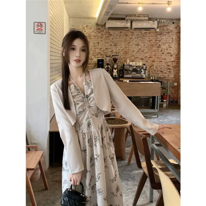 Long-Sleeve Notch Neck Floral Midi A-Line Dress / Plain Cropped Jacket