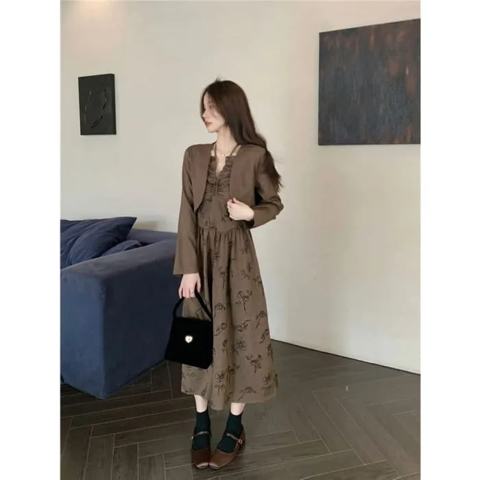 Long-Sleeve Notch Neck Floral Midi A-Line Dress / Plain Cropped Jacket