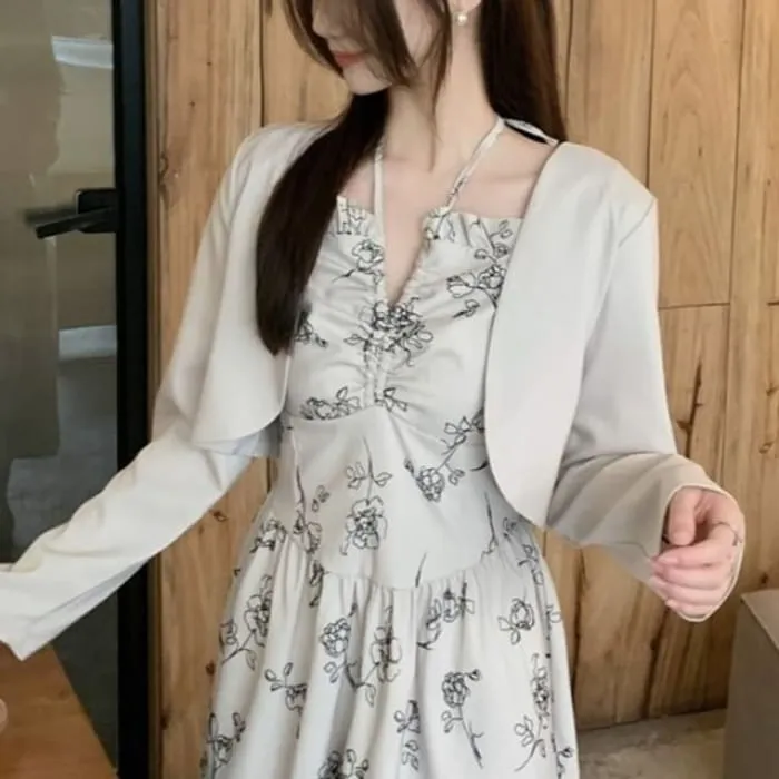 Long-Sleeve Notch Neck Floral Midi A-Line Dress / Plain Cropped Jacket