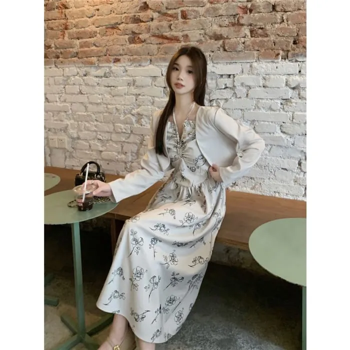 Long-Sleeve Notch Neck Floral Midi A-Line Dress / Plain Cropped Jacket