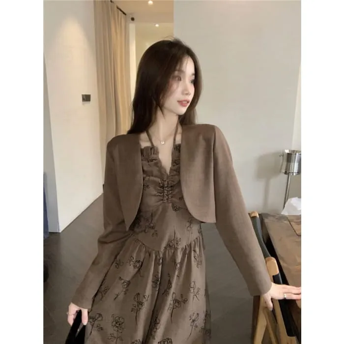 Long-Sleeve Notch Neck Floral Midi A-Line Dress / Plain Cropped Jacket