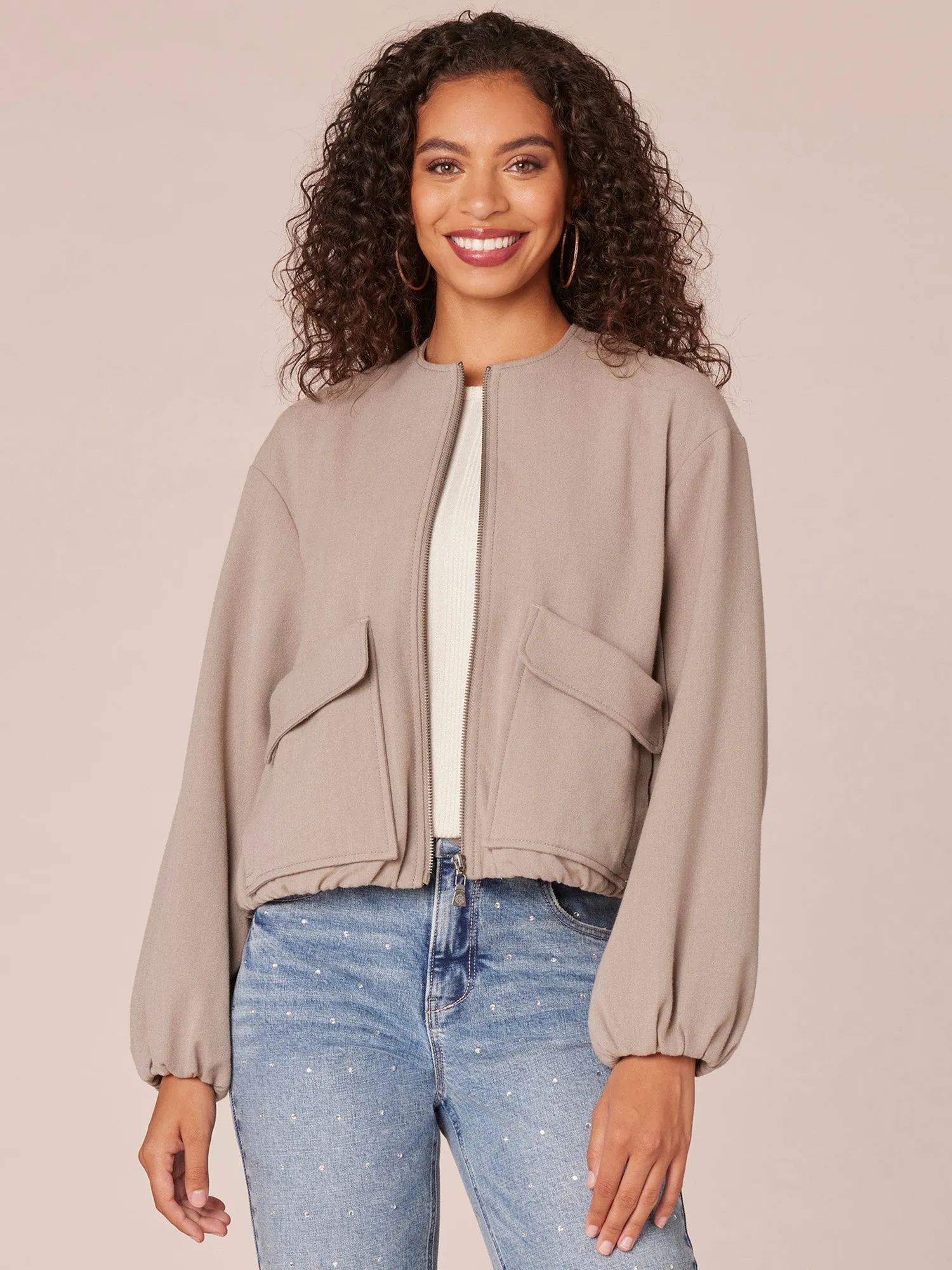 Long Sleeve Zip Front Cropped Bomber Jacket with Dual Entry Pockets