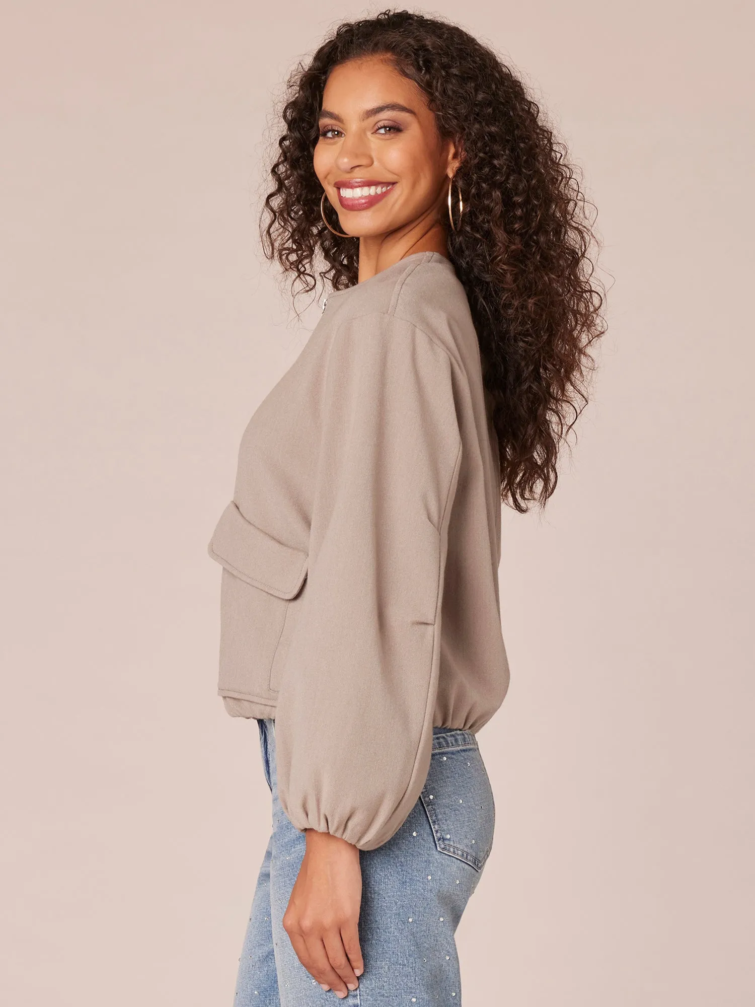 Long Sleeve Zip Front Cropped Bomber Jacket with Dual Entry Pockets