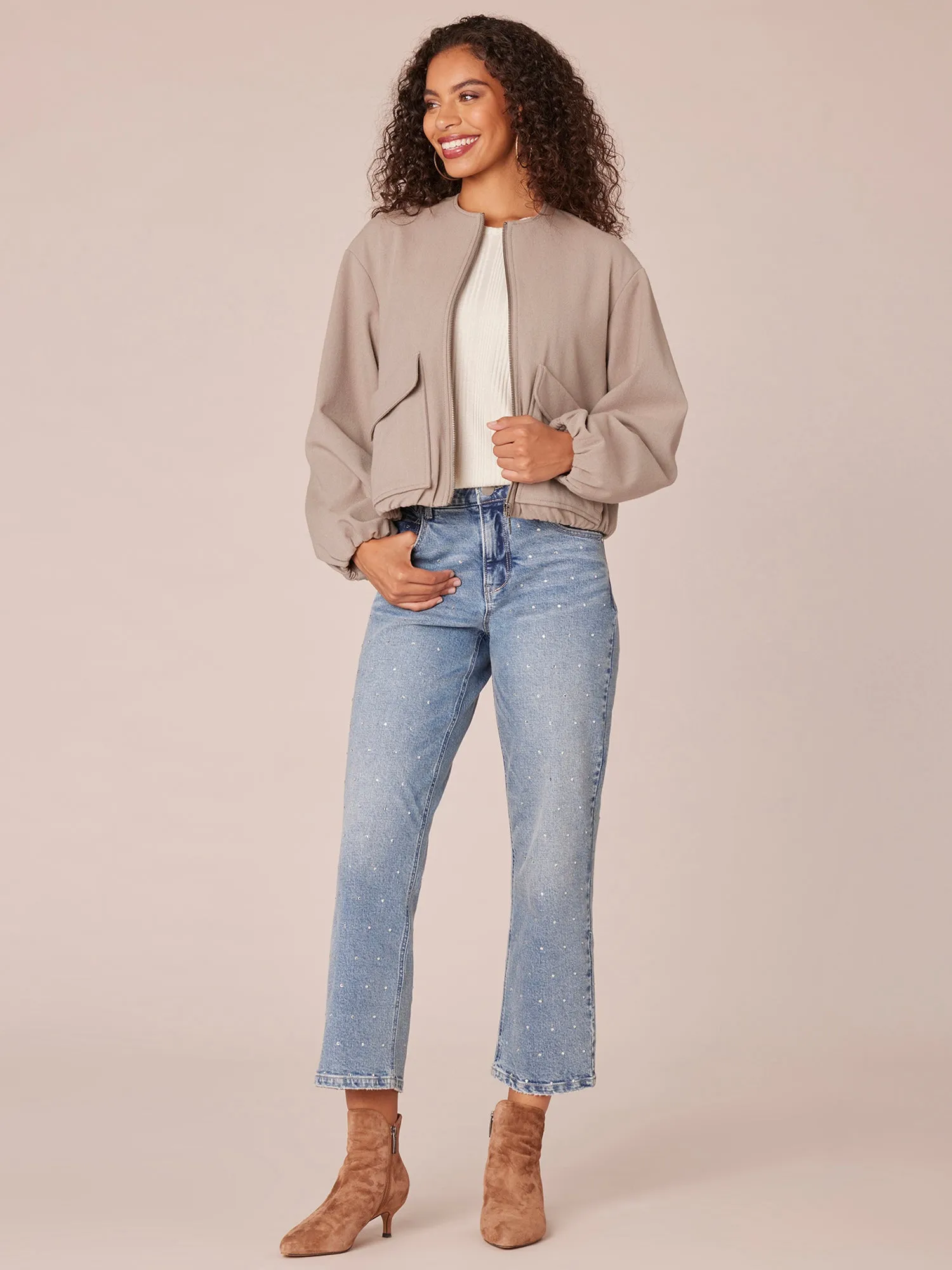 Long Sleeve Zip Front Cropped Bomber Jacket with Dual Entry Pockets