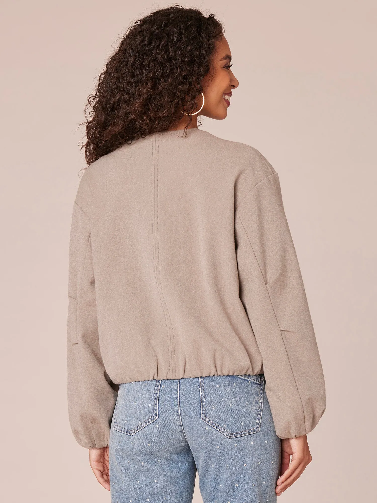 Long Sleeve Zip Front Cropped Bomber Jacket with Dual Entry Pockets