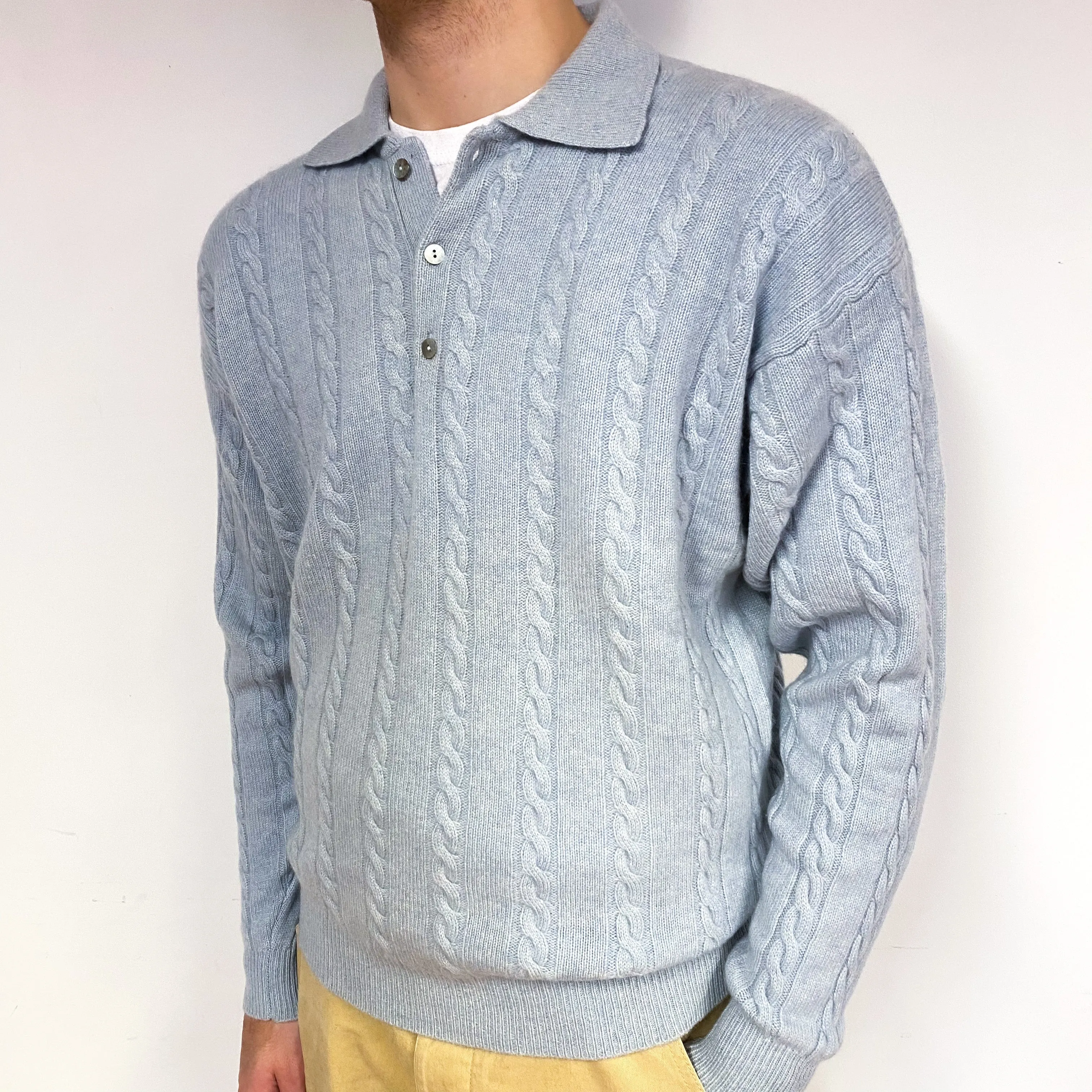 Men's Baby Blue Cashmere Button V-Neck Jumper Large