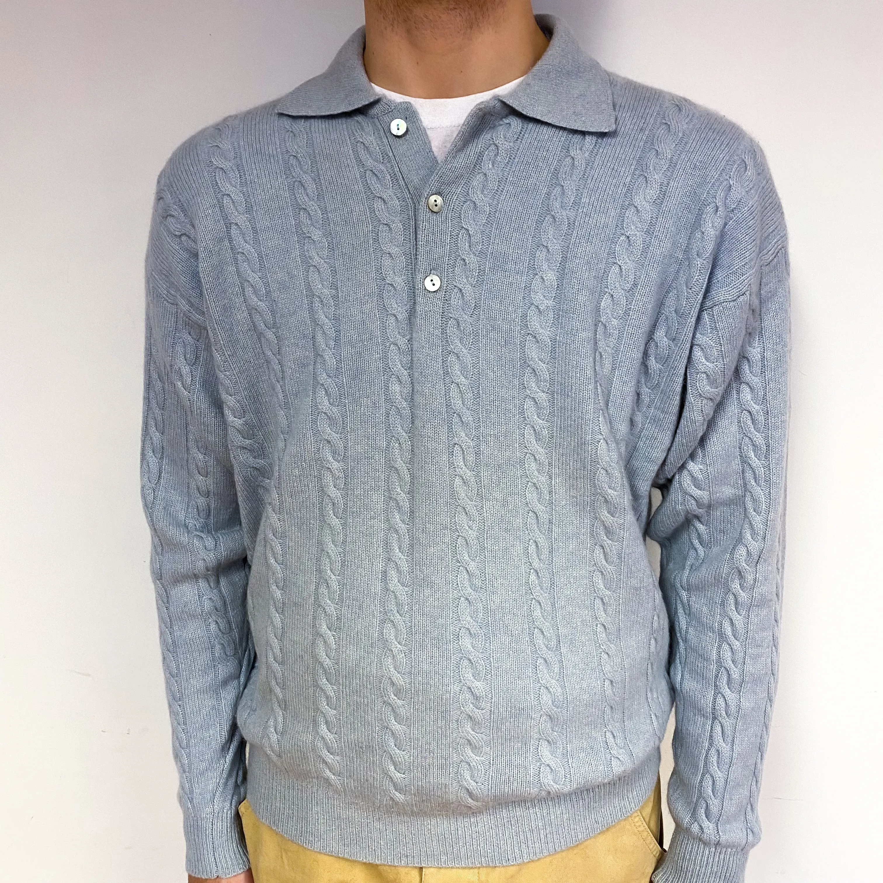 Men's Baby Blue Cashmere Button V-Neck Jumper Large