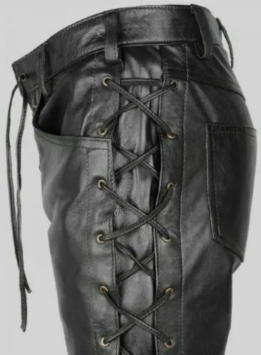 Men's Black Genuine Leather Laced up Biker trouser pants