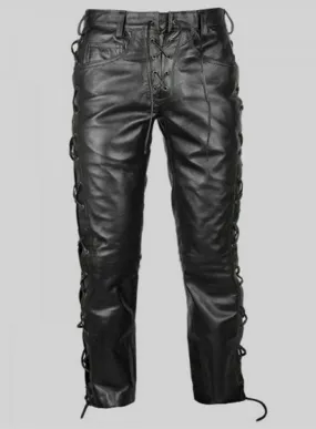 Men's Black Genuine Leather Laced up Biker trouser pants