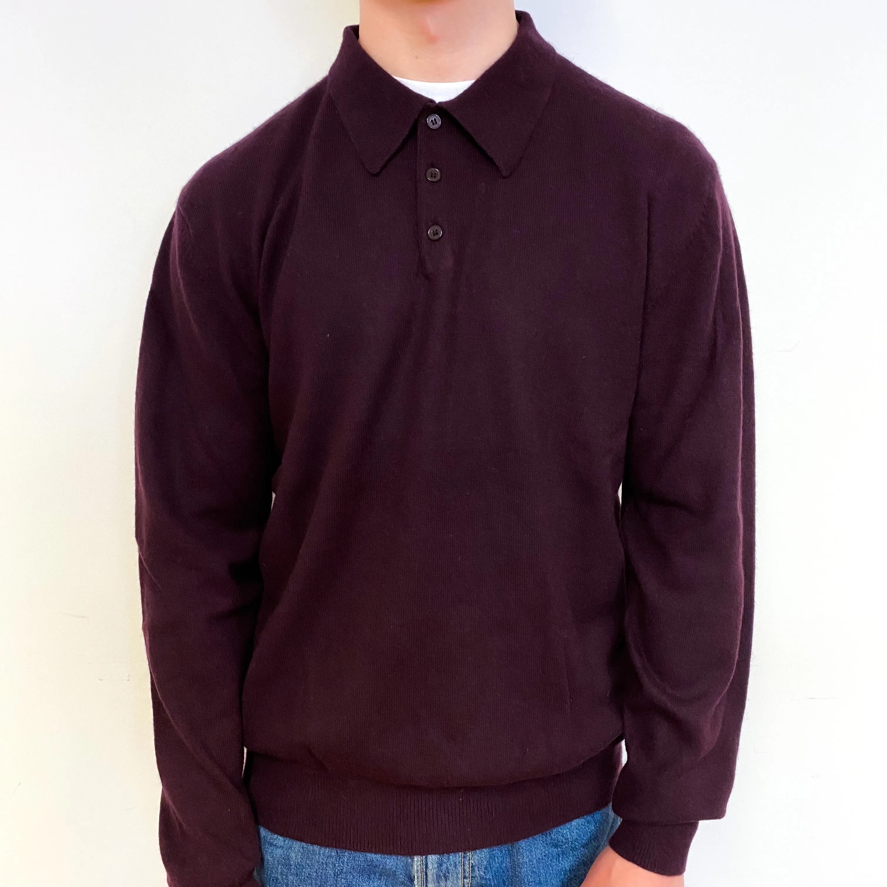 Men's Deep Aubergine Purple Cashmere 1/4 Button Jumper Small