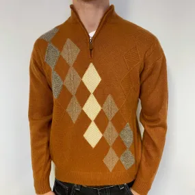 Men's Rust Orange Diamond Cashmere 1/4 Zip Jumper Medium