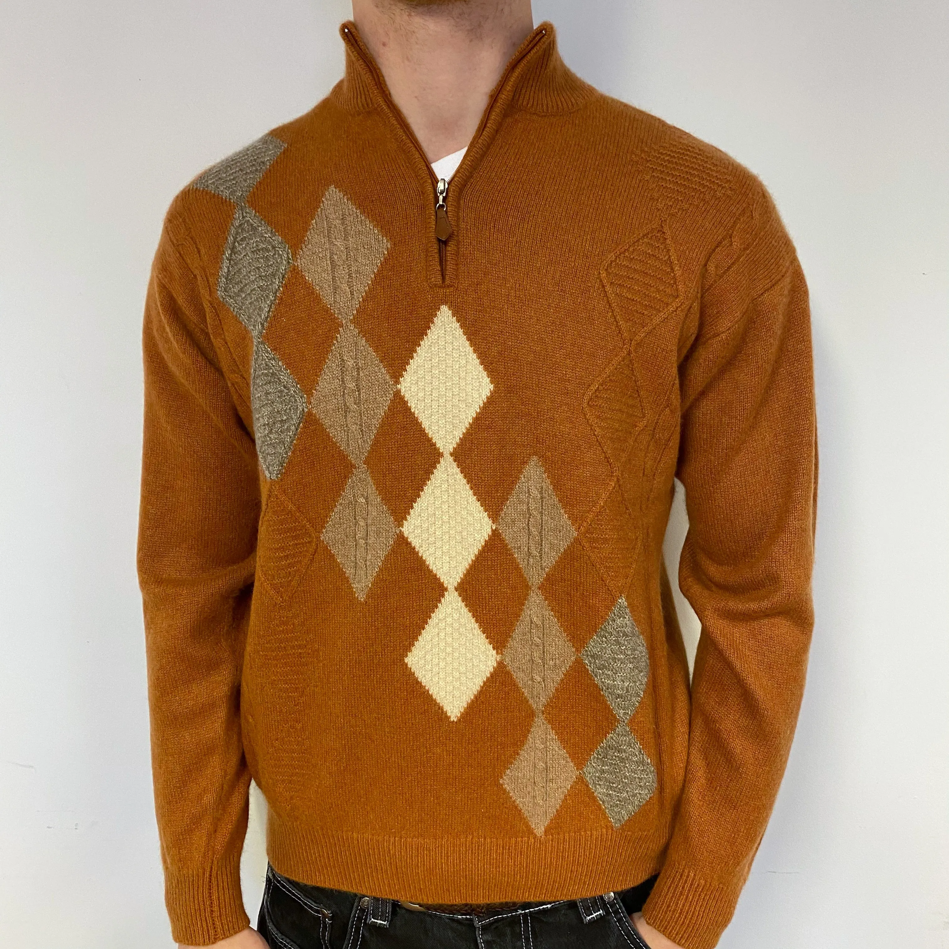 Men's Rust Orange Diamond Cashmere 1/4 Zip Jumper Medium