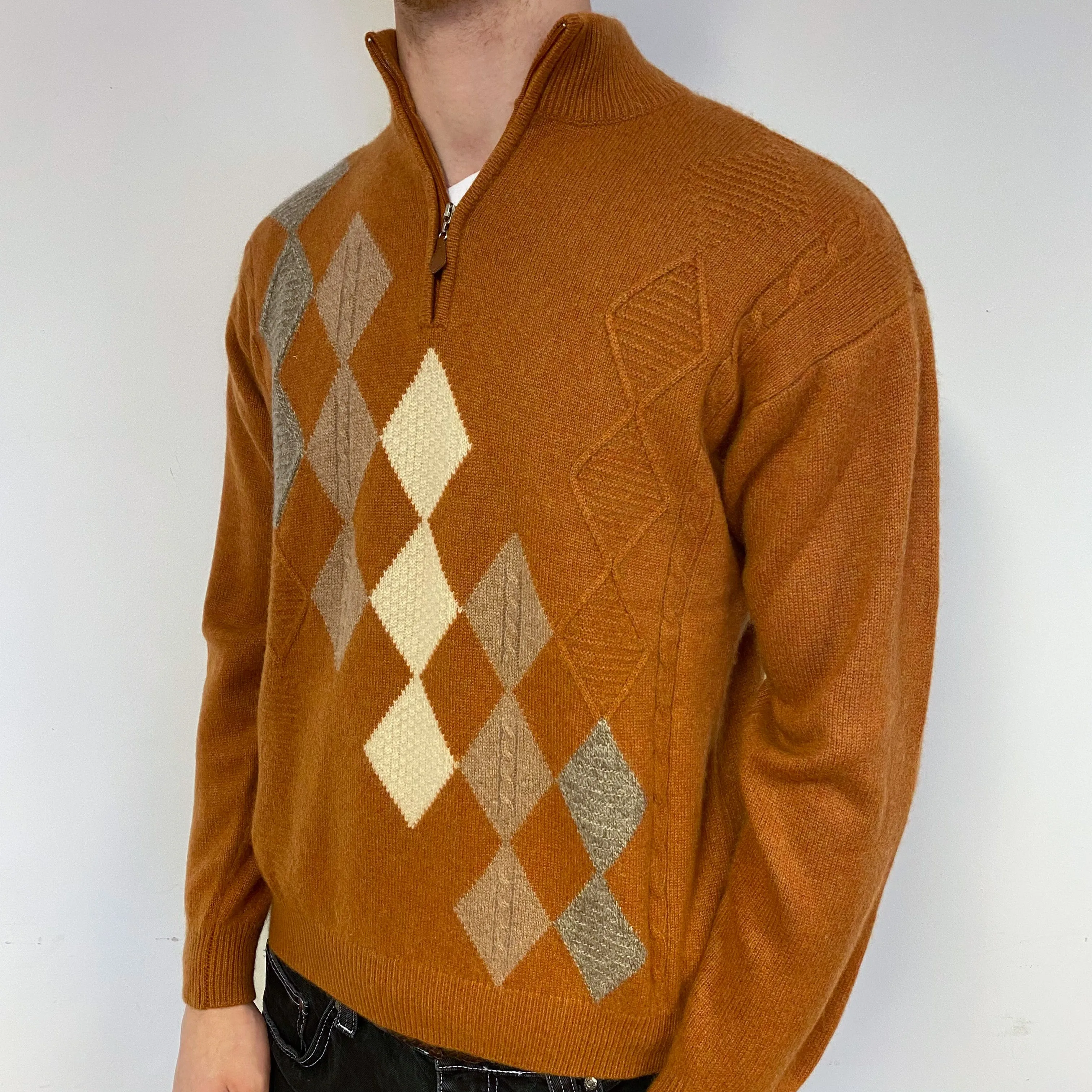 Men's Rust Orange Diamond Cashmere 1/4 Zip Jumper Medium