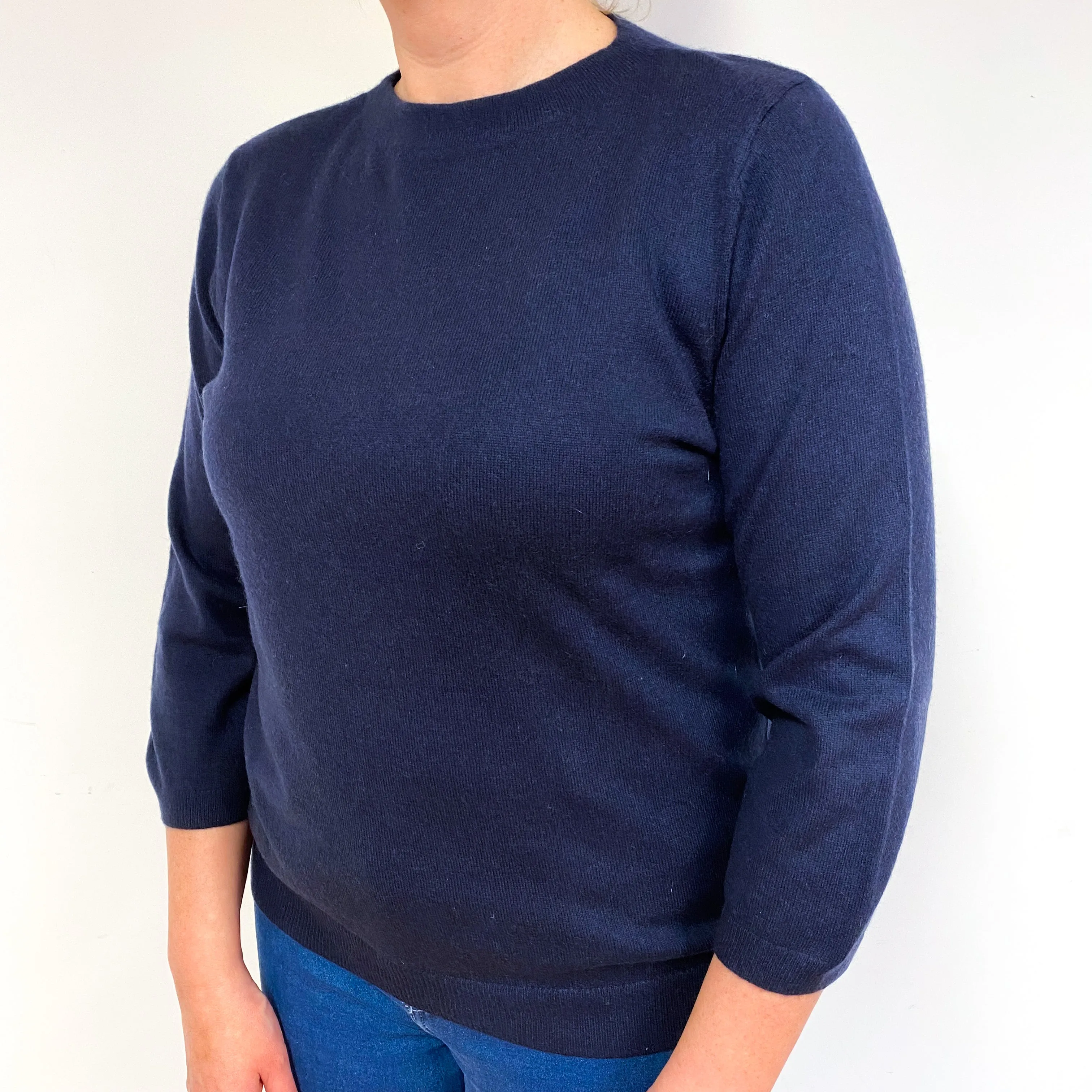 Midnight Blue 3/4 Sleeve Cashmere Crew Neck Jumper Large