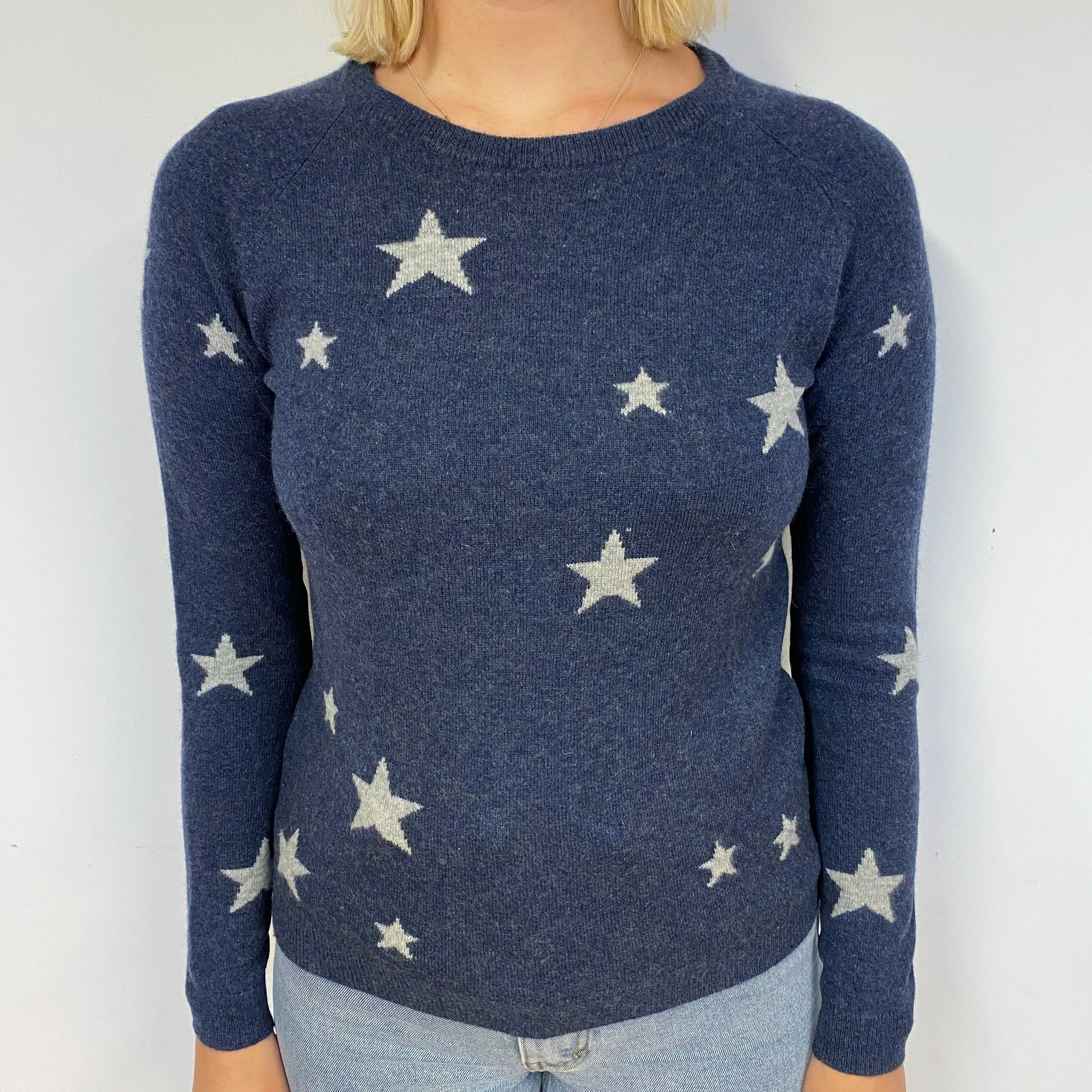 Midnight Blue Patterned Cashmere Crew Neck Jumper Small