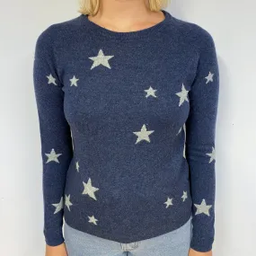 Midnight Blue Patterned Cashmere Crew Neck Jumper Small