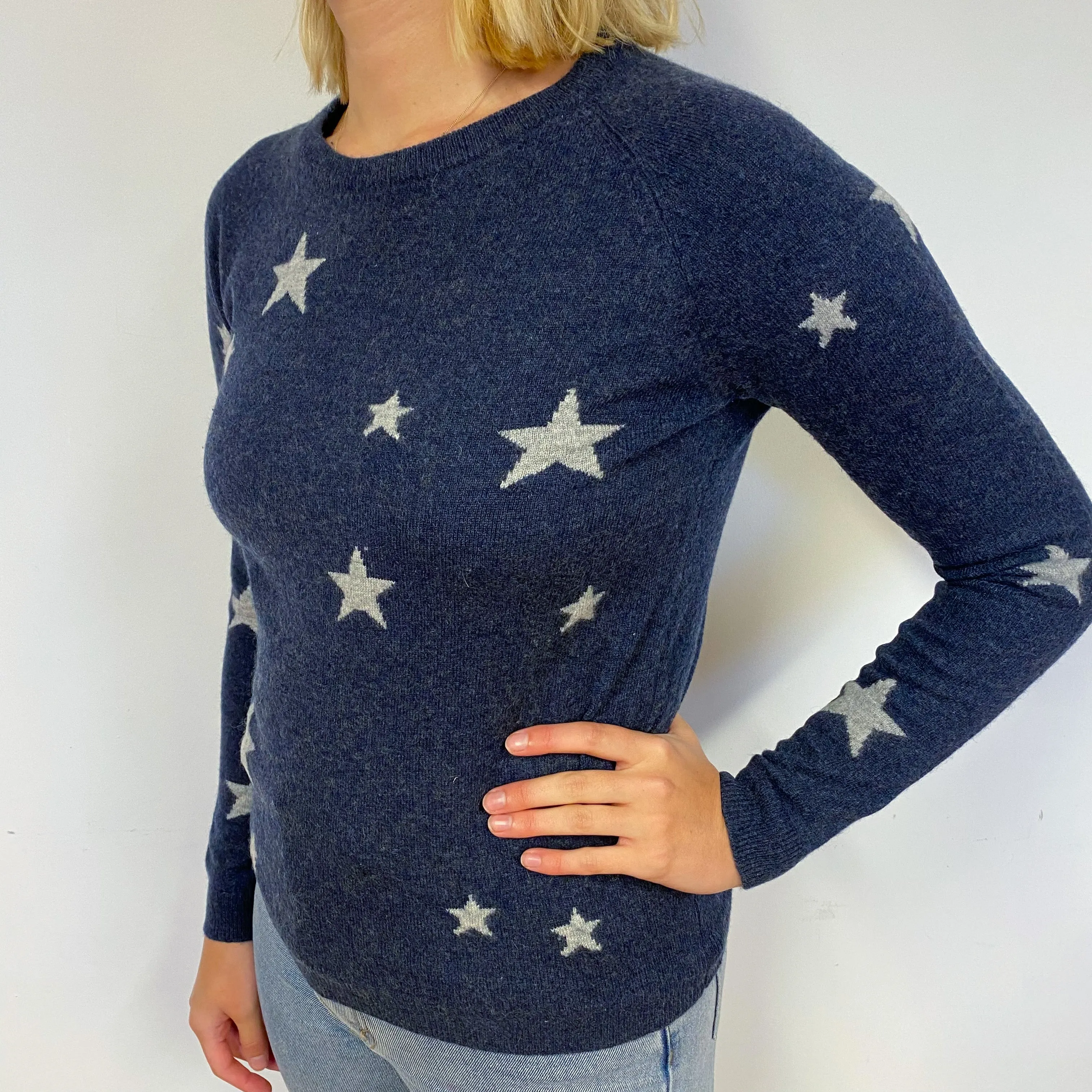 Midnight Blue Patterned Cashmere Crew Neck Jumper Small