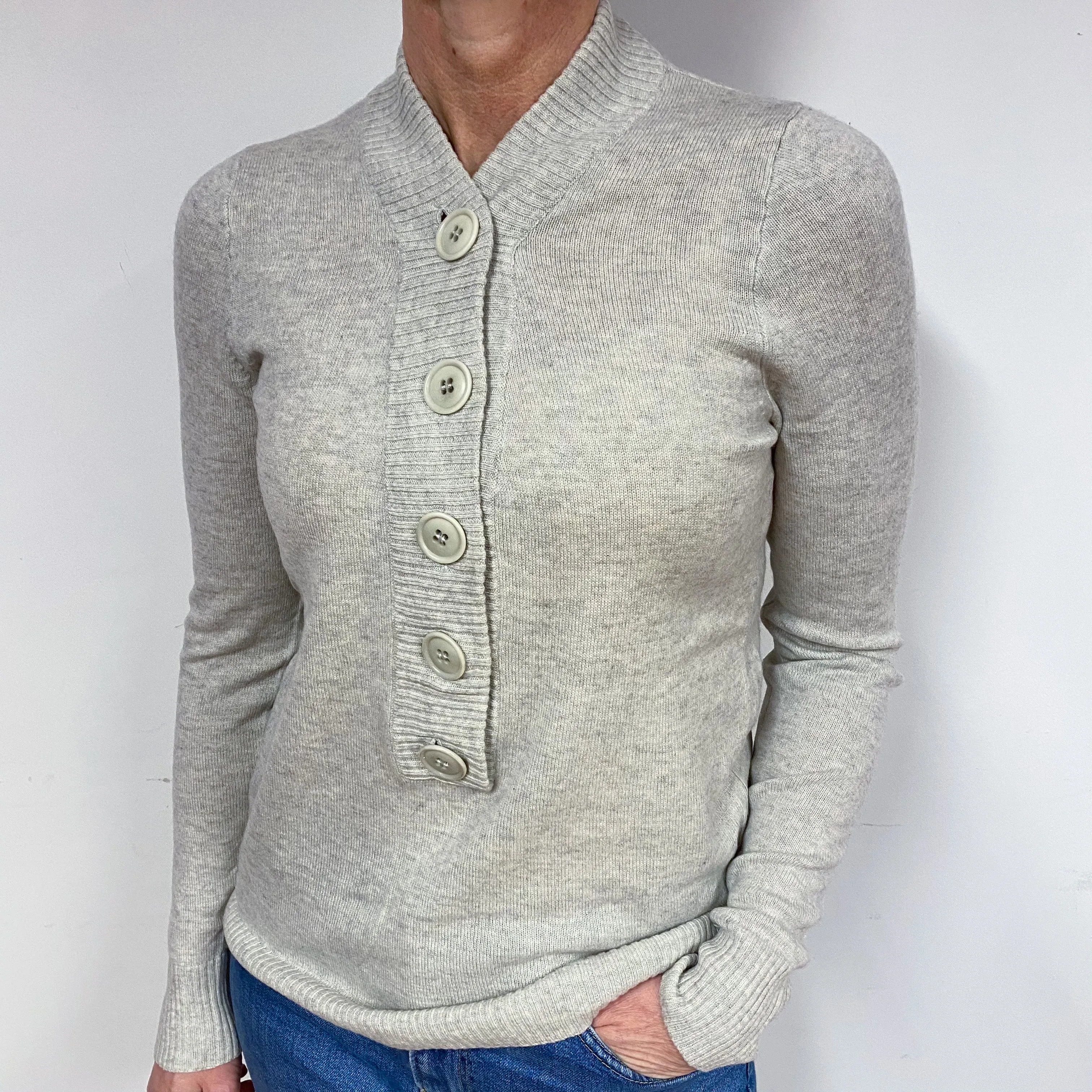 Mist Grey Buttoned Cashmere V-Neck Jumper Medium