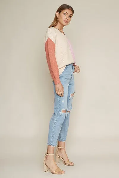 multi striped long sleeve knit sweater - pink/natural