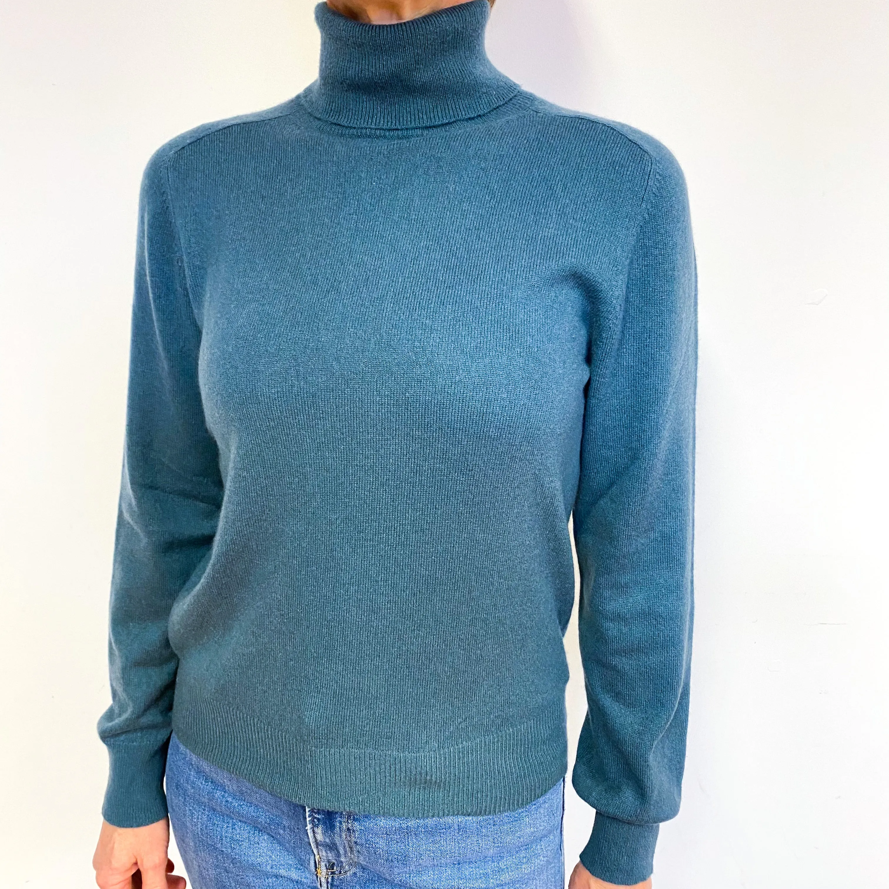 Muted Slate Green Cashmere Polo Neck Jumper Medium