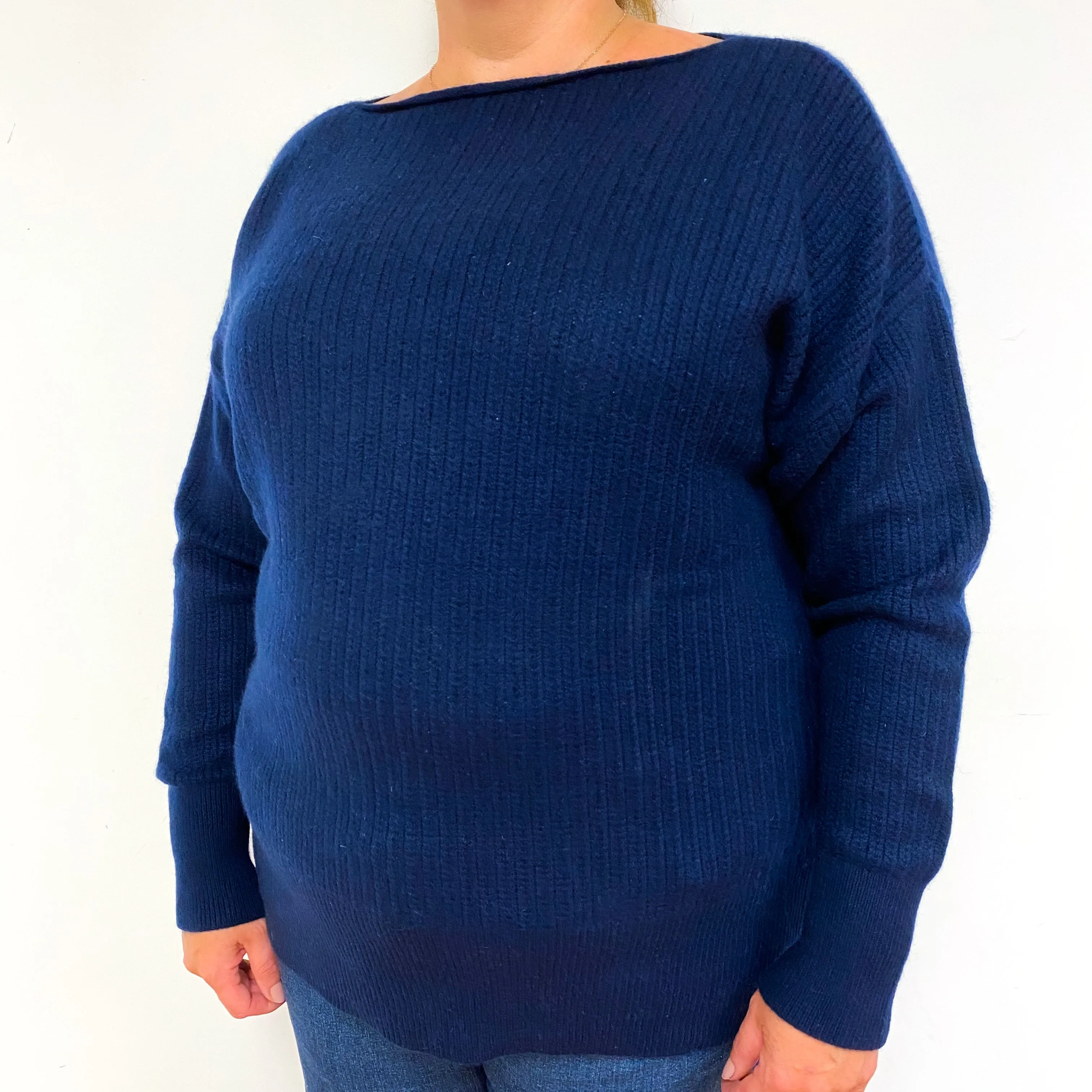 Navy Blue Chunky Cashmere Boat Neck Jumper Extra Large