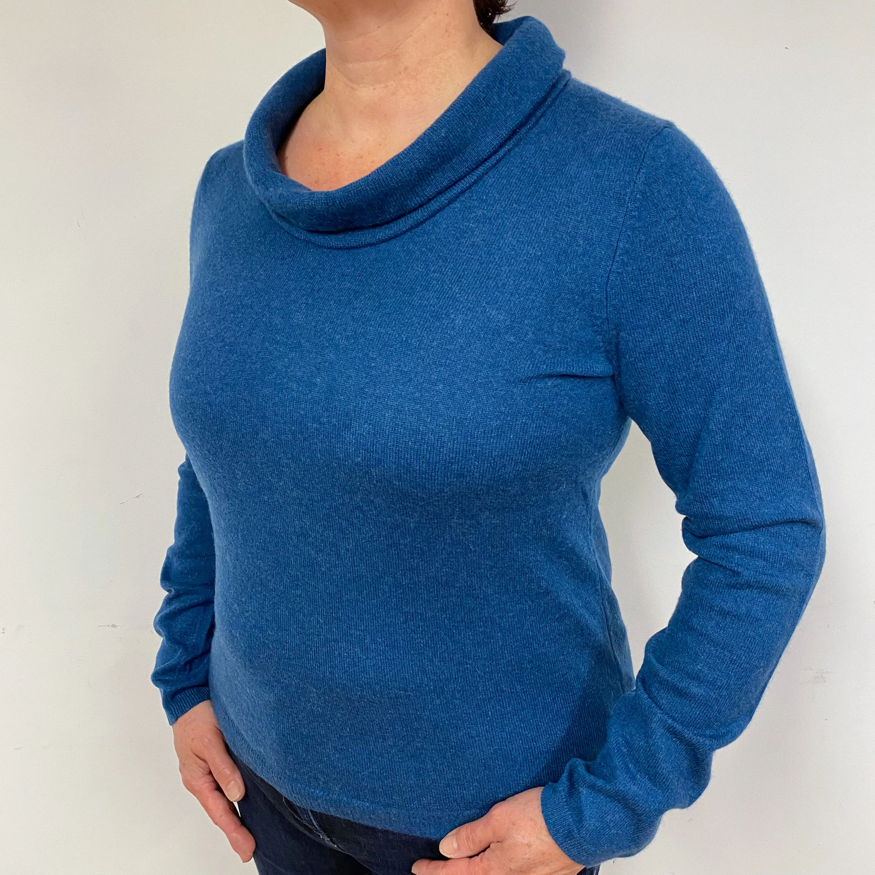 Peacock Blue Cashmere Roll Neck Jumper Large