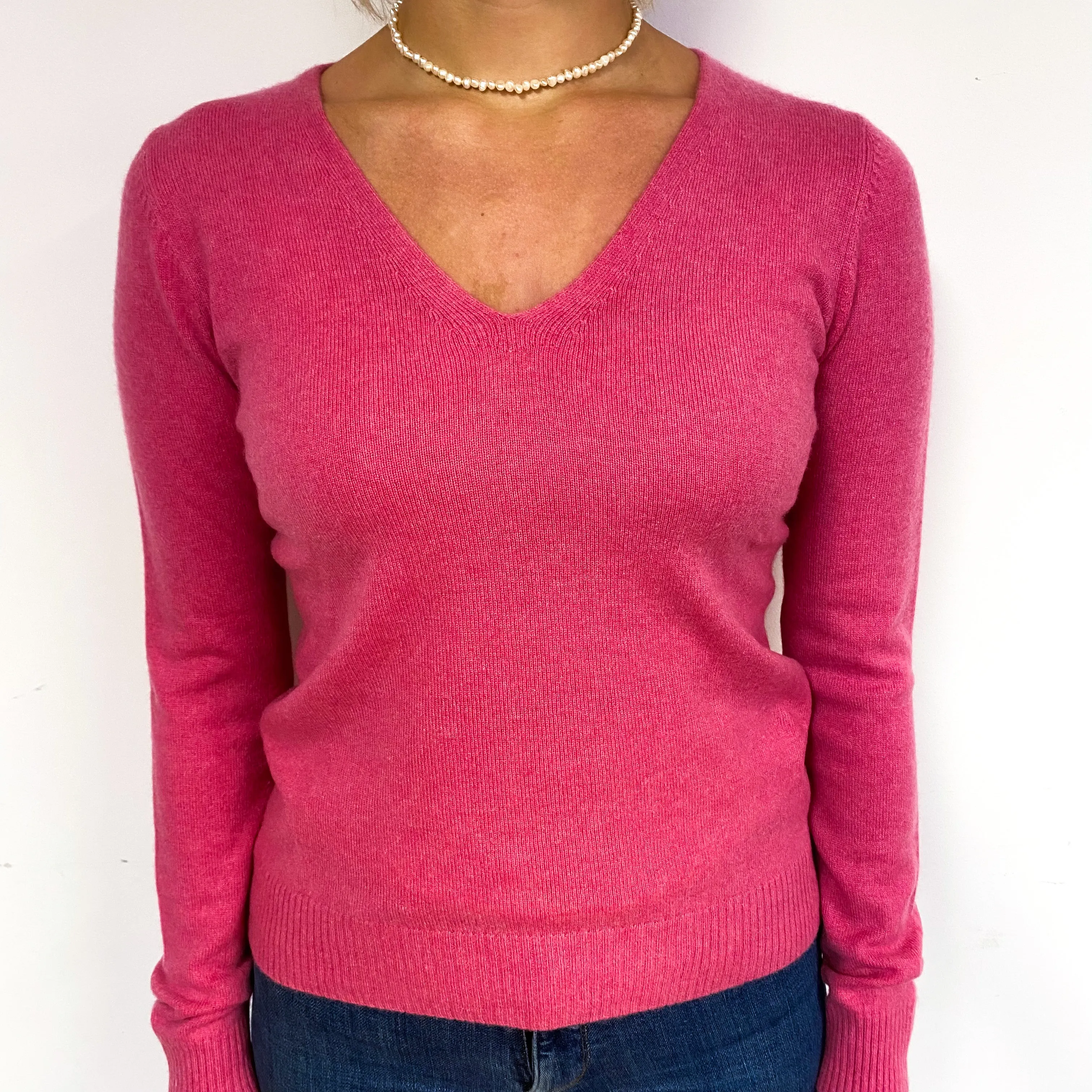 Raspberry Pink Cashmere V-Neck Jumper Small