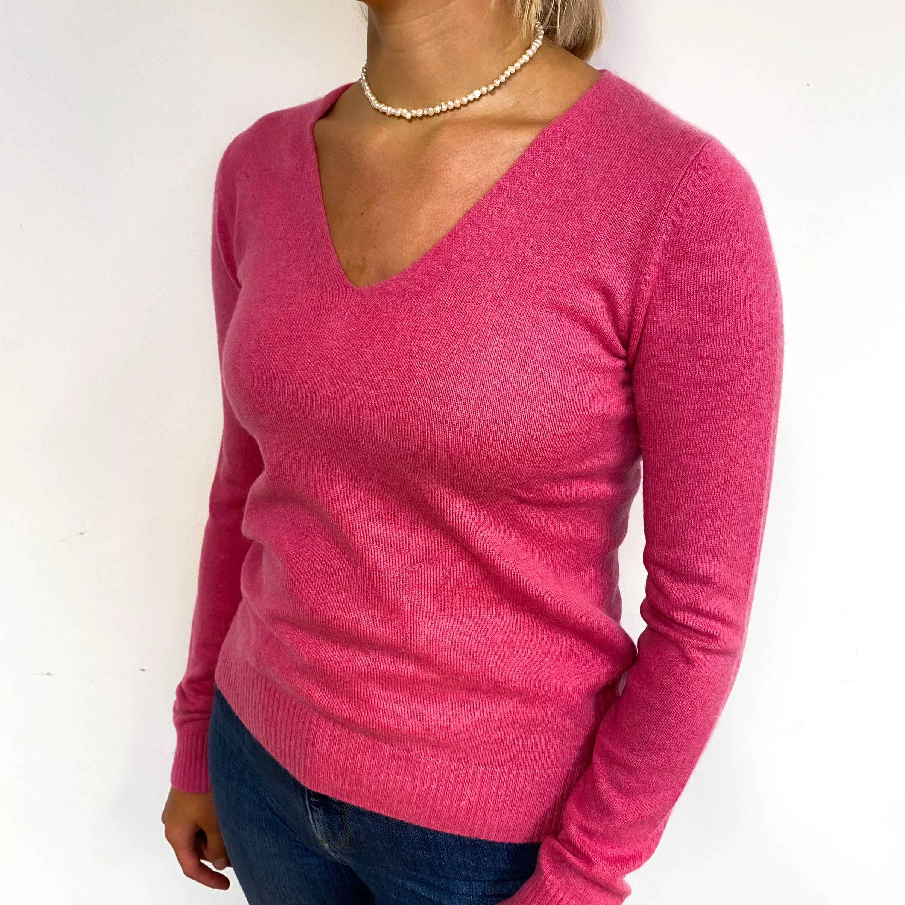 Raspberry Pink Cashmere V-Neck Jumper Small