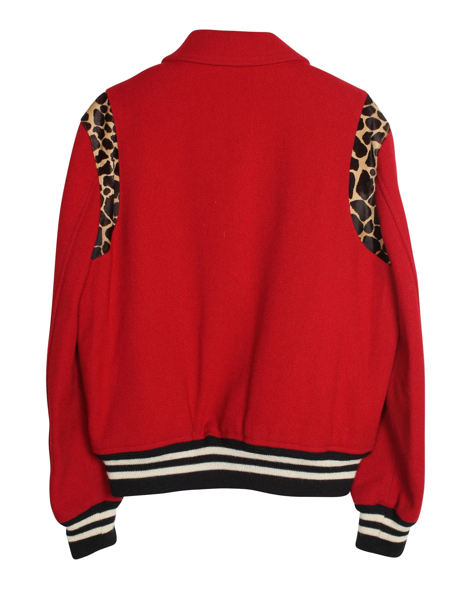 Saint Laurent Leopard-Trimmed Teddy Bomber Jacket in Red Lana Vergine