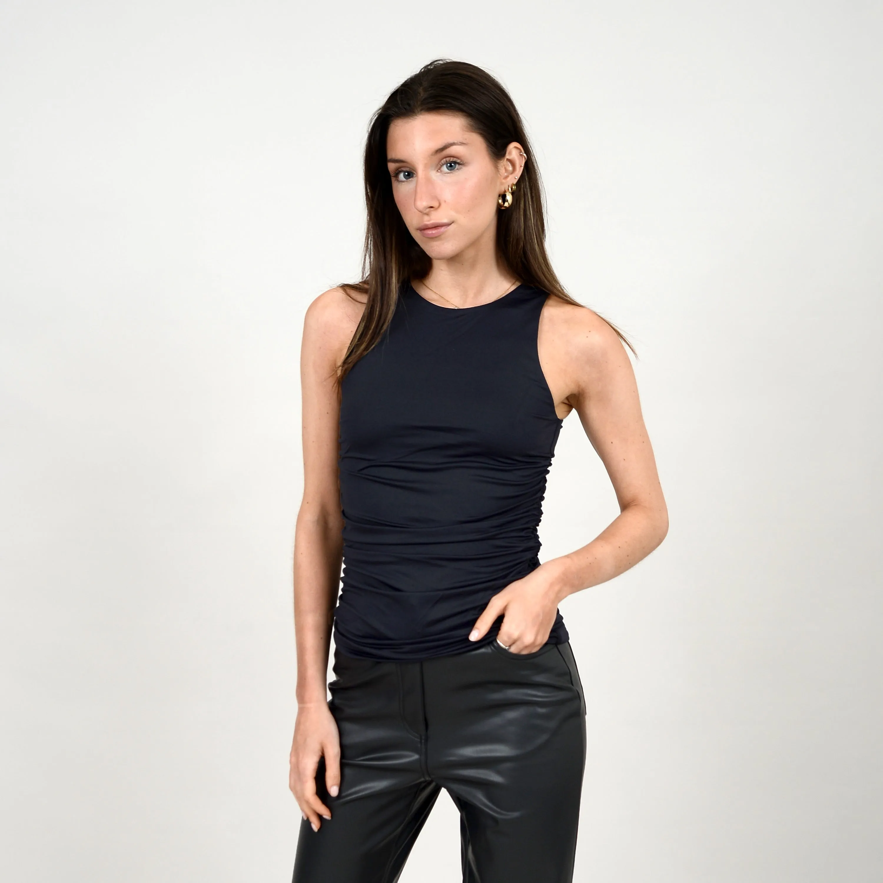 SECOND SKIN BY RD STYLE  WOMEN'S RIYAN HIGH CREW SIDE SHIRRING SHELL TANK-WHITE, BLACK, NOMAD