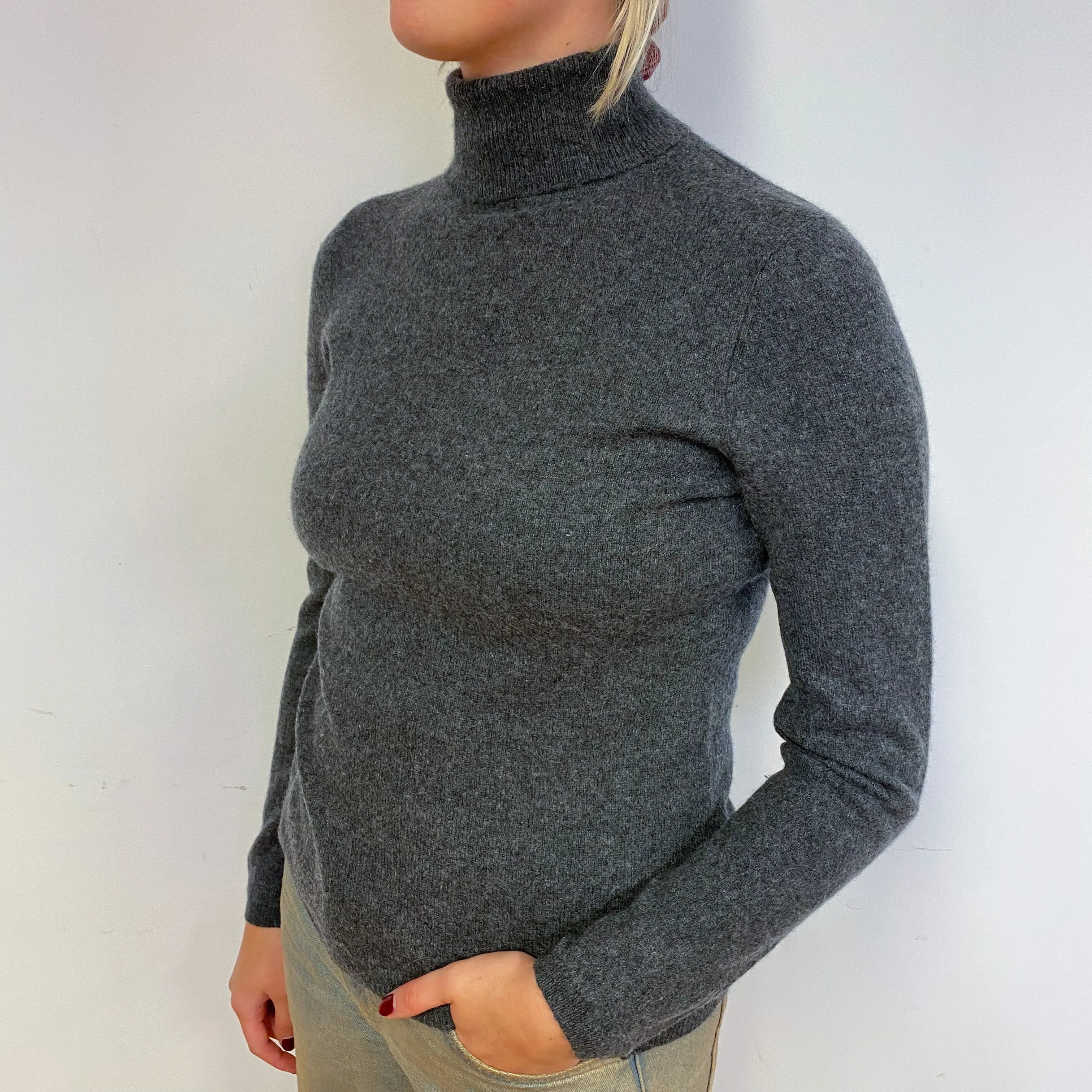 Slate Grey Cashmere Polo Neck Jumper Small