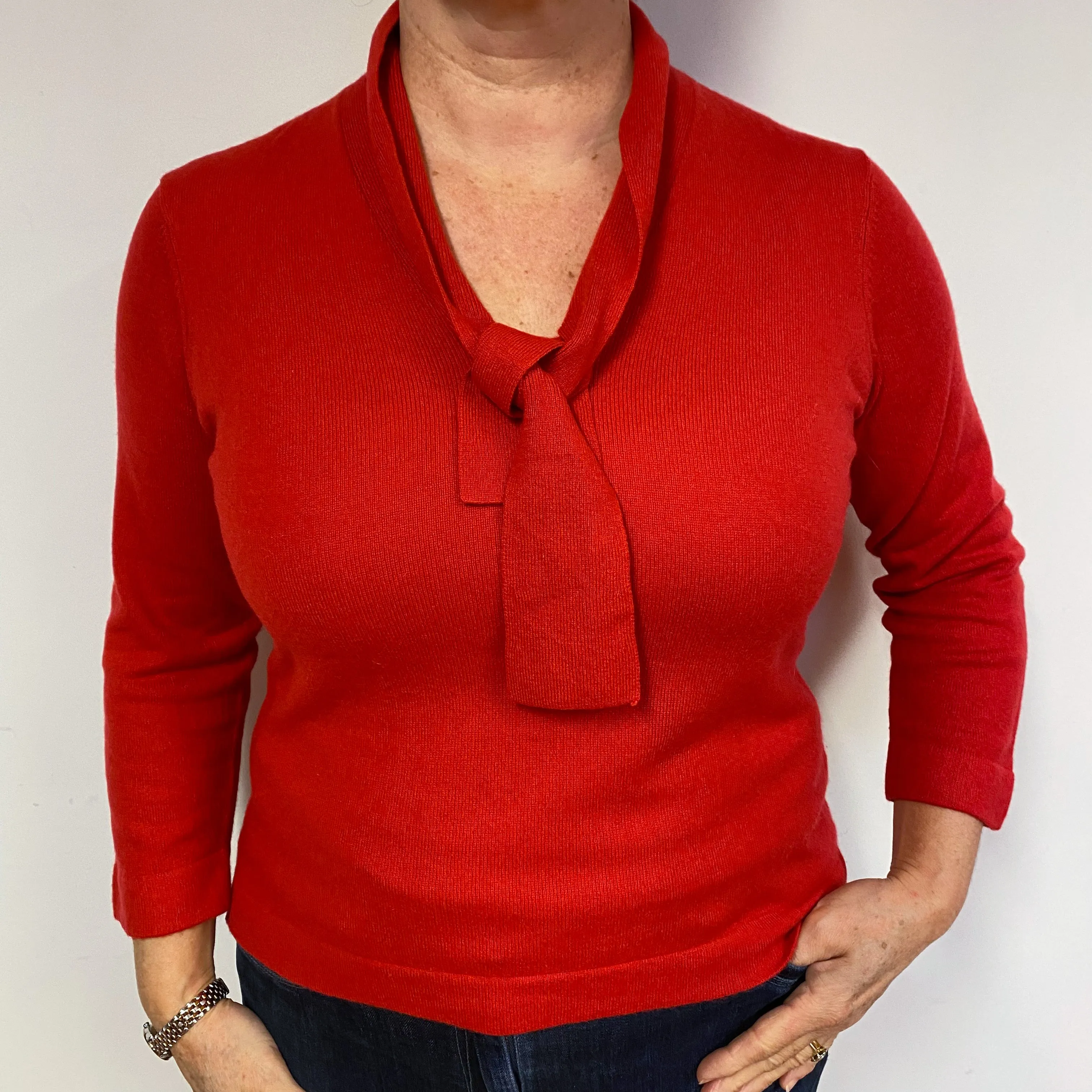 Spanish Red Cashmere Tie V-Neck Jumper Large