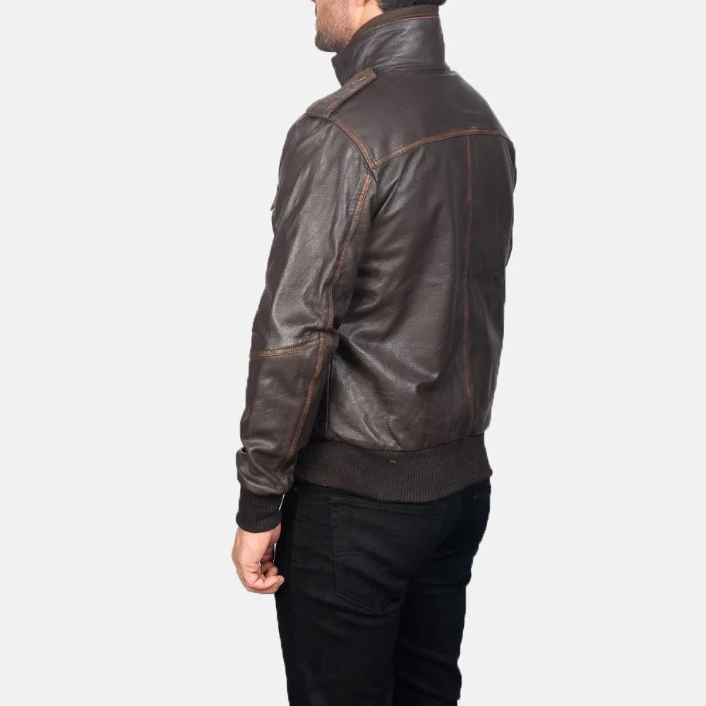 Street Brown Leather Bomber Jacket