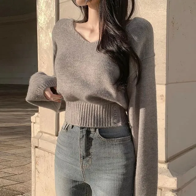 V-Neck Plain Cropped Sweater
