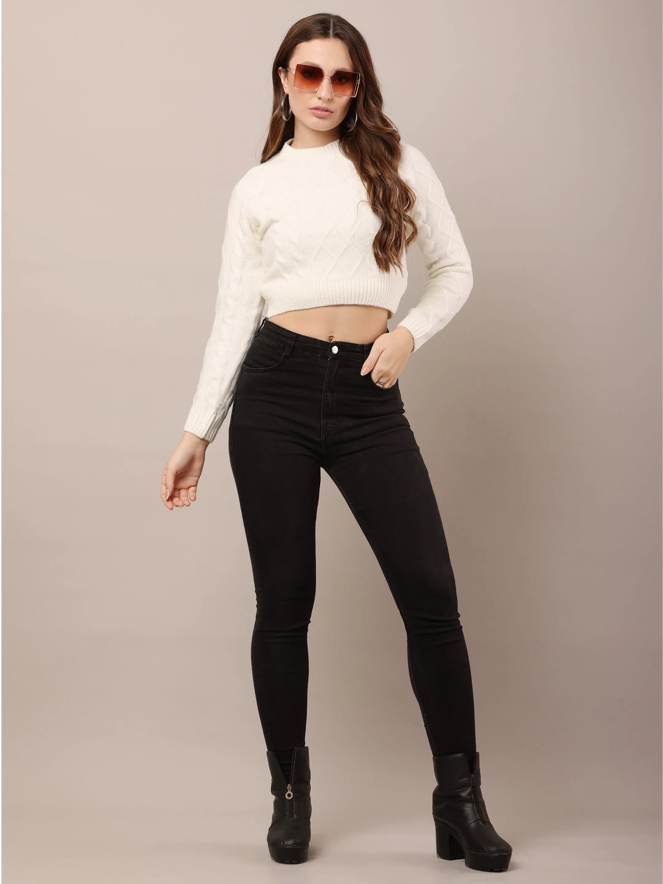 Women Acrylic Off-white Crop Sweater