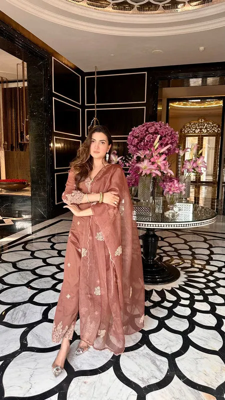 Women's Brown Viscose Silk Embroidery Kurta Pant With Dupatta