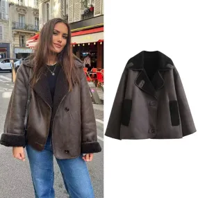 Women’s Faux Leather Jacket – Winter Warm Plush Coat with Wool Blends & Turn-Down Collar