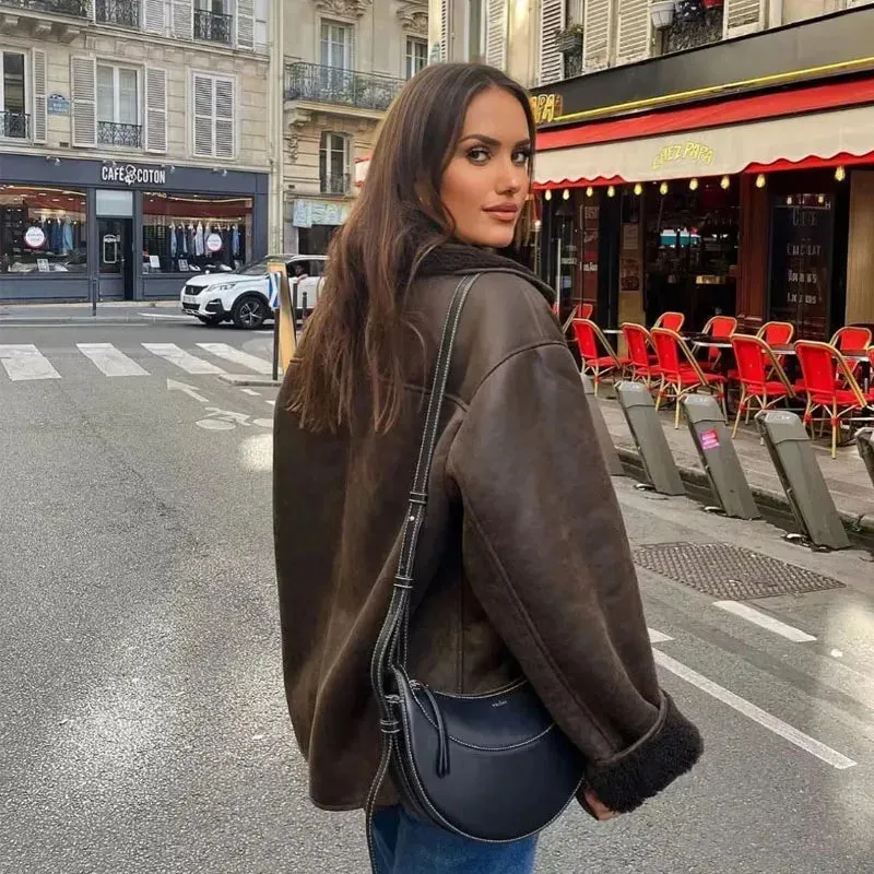 Women’s Faux Leather Jacket – Winter Warm Plush Coat with Wool Blends & Turn-Down Collar