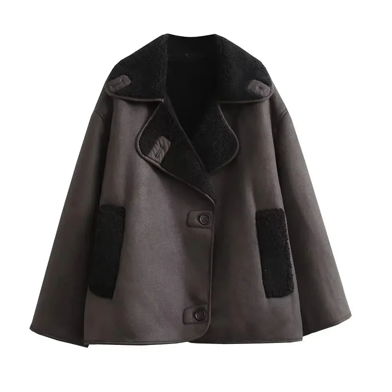 Women’s Faux Leather Jacket – Winter Warm Plush Coat with Wool Blends & Turn-Down Collar