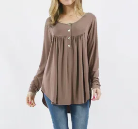 Women's Shirring Henley Top | Mocha