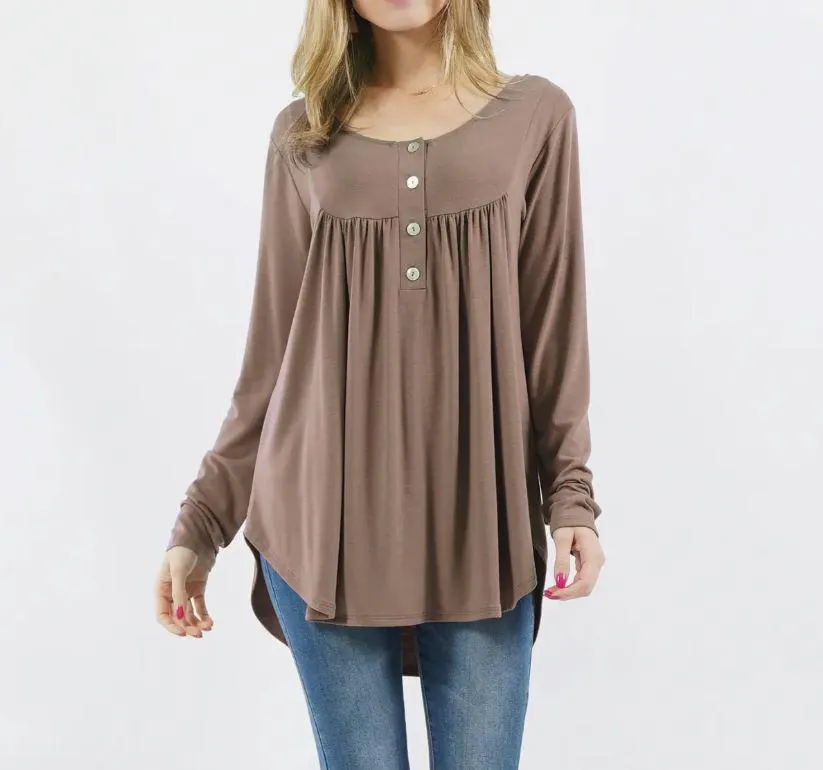 Women's Shirring Henley Top | Mocha